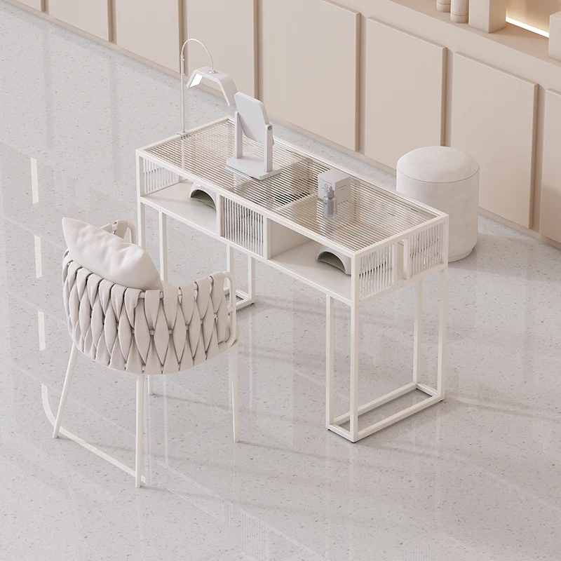 Nageltisch mit Glasplatte, professionell, schick, modern, weiß, Schönheits-Nagelschreibtisch, Salon-Design, luxuriös, Stolik Do Maniküre-Möbelsalon