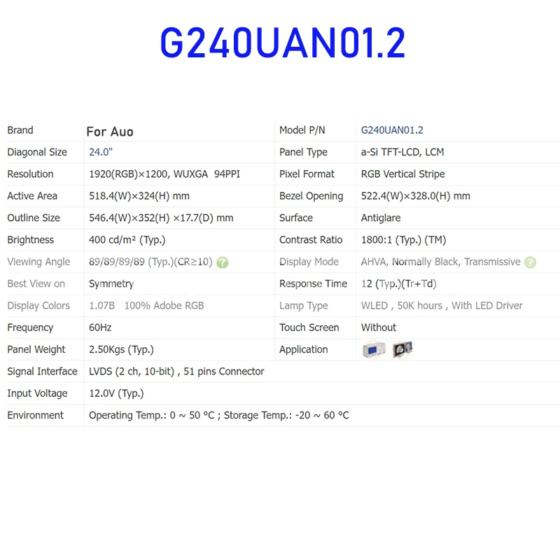 G240UAN01.2 24.0 Inch Original LCD Display Screen Panel for Auo Brand New and Fast Shipping 100% Tested