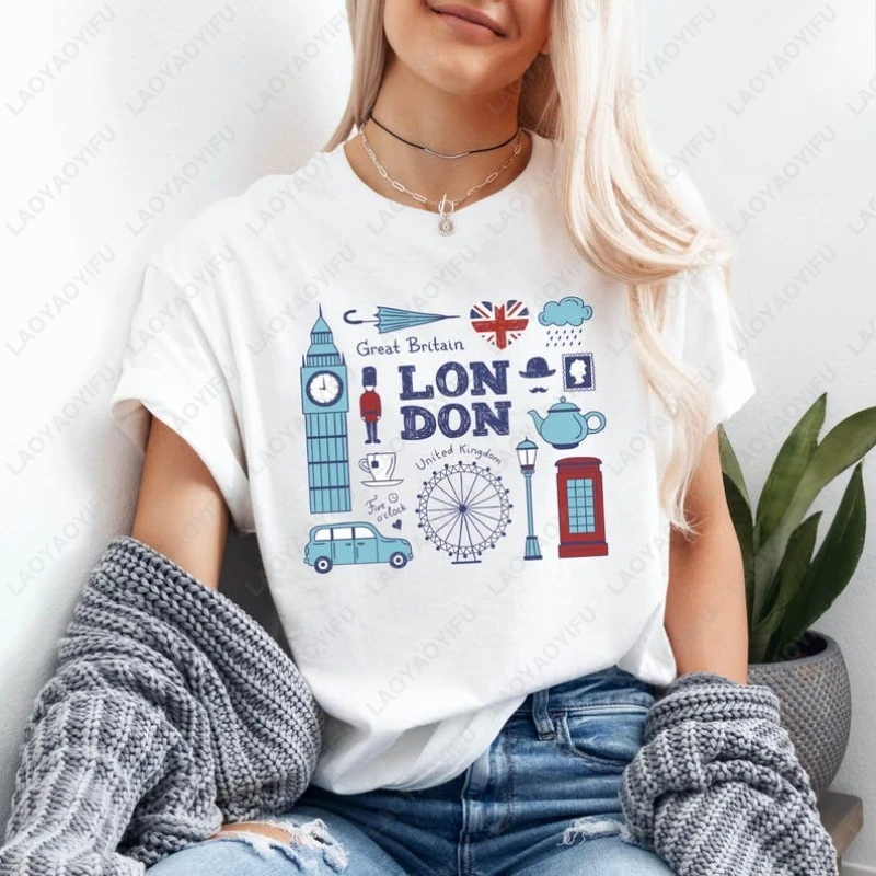

London Tourism Culture Shirt Cotton Breathable Unisex T-shirt Funny England Symbols Tees Woman Retro Trend Cool Street T Shirts