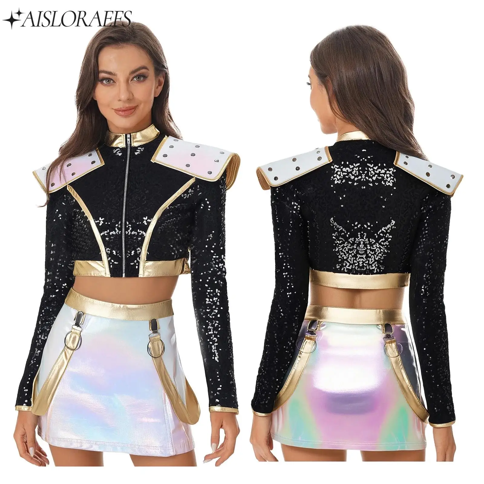 

Sequined Long Sleeve Womens Fashion Clothes Halloween Cosplay Party Costume Rivet Shoulder Boards Short Jacket with Mini Skirts
