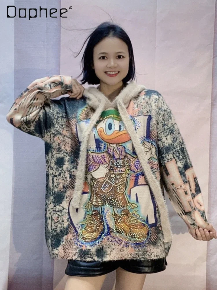 European Goods Heavy Industry Hot Diamond Hooded Sweater Autumn and Winter Women's Cartoon Printing High-end Long-sleeved Top