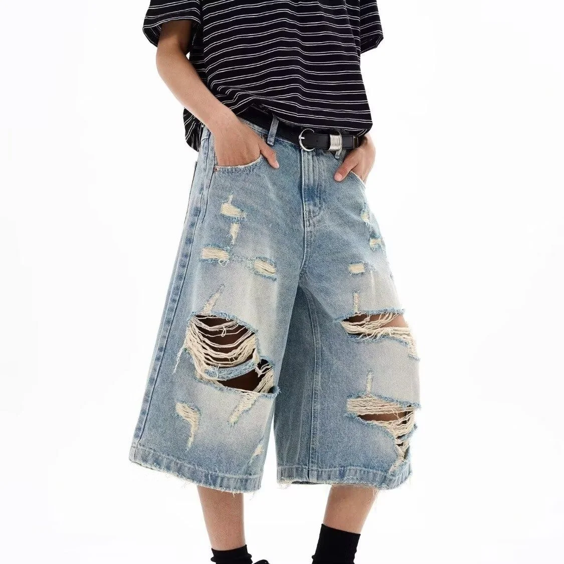 

Женские джинсы больших размеров свободного кроя с высокой талией, винтажные, в американском уличном стиле, рваные, широкие штанины, повседневные летние джинсы