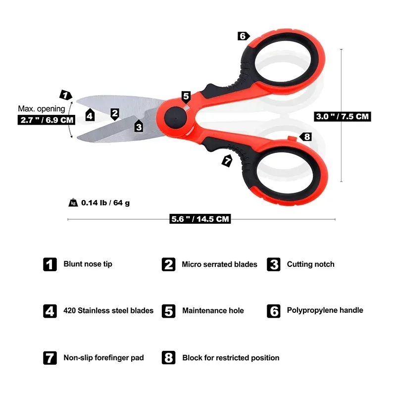 Electrician Scissors Stripping Wire New High Carbon Steel Scissors Household Shears Tools Cut Tools for Fabrics, Paper and Cable