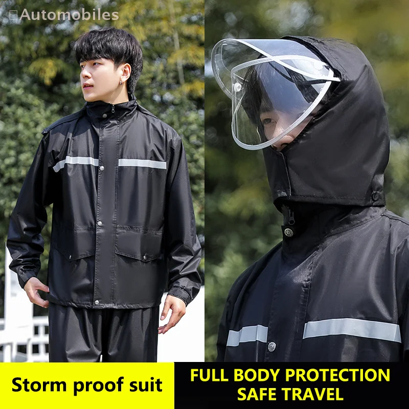 

Men's and Women's Outdoor Motorcycle Riding Rain Suit - Waterproof Hooded Jacket and Pant Set with Reflective Strips.