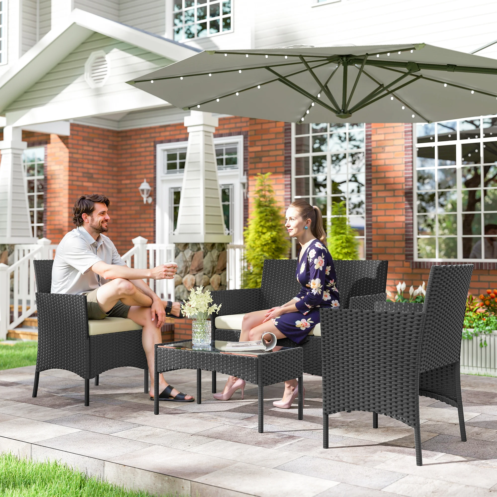 Outsunny Conjunto Jardín Exterior de Ratán con Cojines Conjunto Terraza Resistente a la Intemperie Muebles Jardín Exterior con 2 Sillones Sofá de 2 Plazas Mesa con Cristal