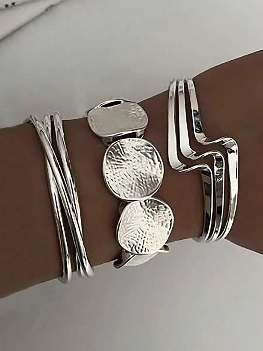 

5pcs Vintage Exaggerated Geometric Wide Metal Bangle Set For Women