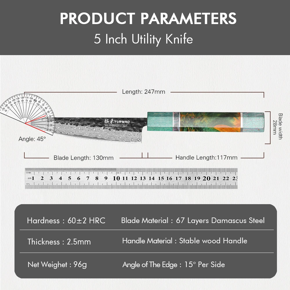 Imagem -06 - Turwho-mão Japonesa Faca Forjada Facas de Chef de Aço Damasco Frutas e Carne com Cabo de Madeira Polegadas