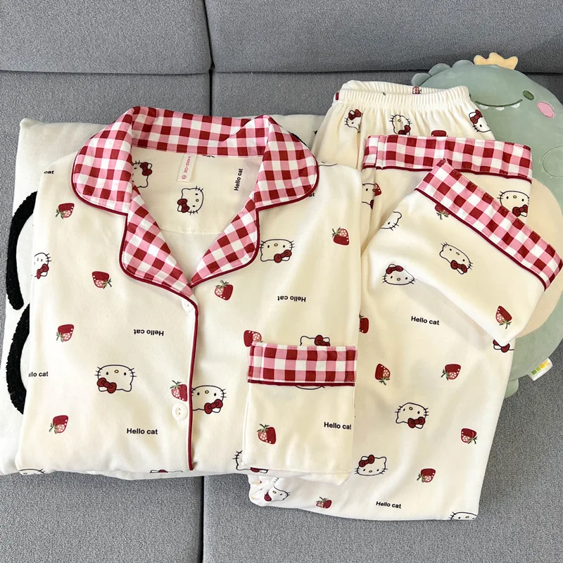 

Anime Cartoon Sanrio Hello Kitty Pajamas Y2K Spring and Autumn New Coral Velvet Thickened Pajamas Student Home Clothes Set Gifts