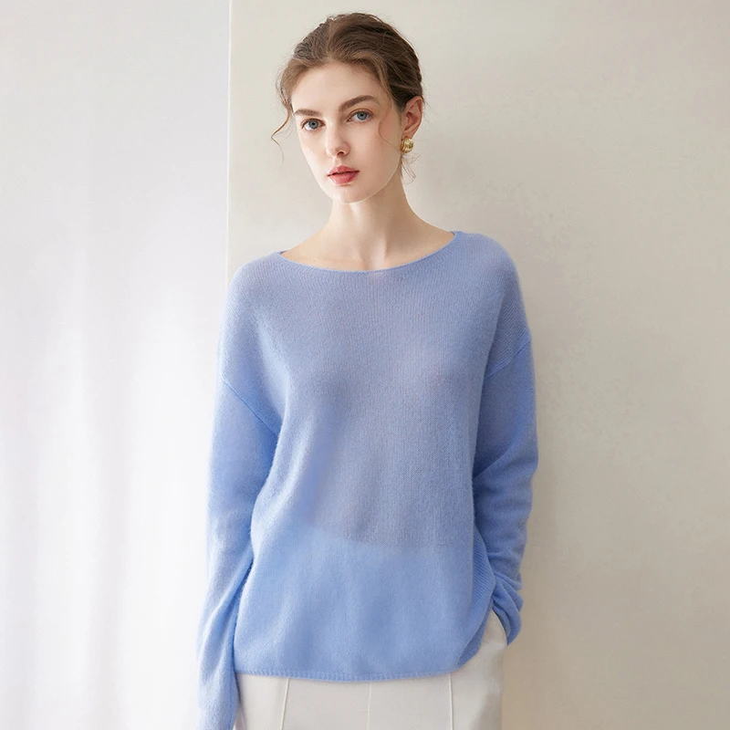Women's 75% cashmere +25% mulberry silk sweater casual solid color knitted pullover loose round neck Blouse warm Tops Jumper