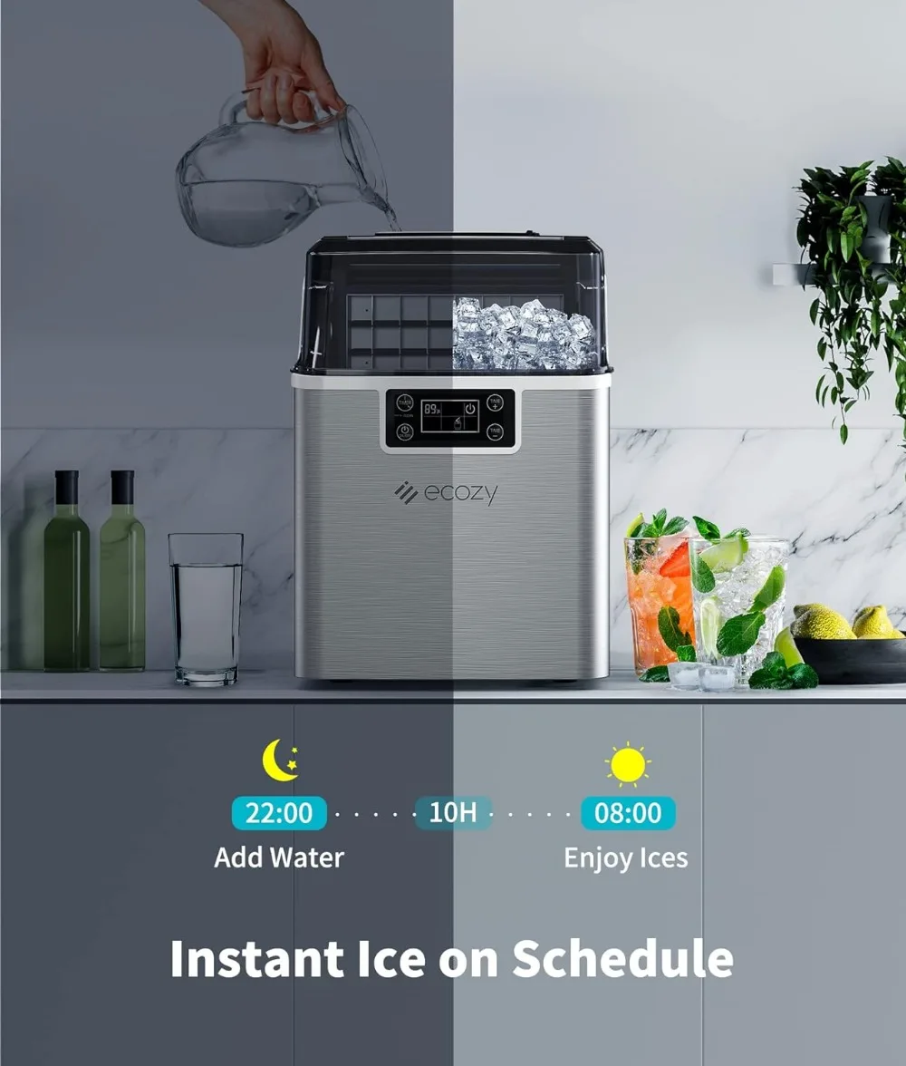 Ecozy-máquina de hielo para encimera, cubitos listos en 13 minutos, carcasa de acero inoxidable, autolimpieza, 45 libras por día