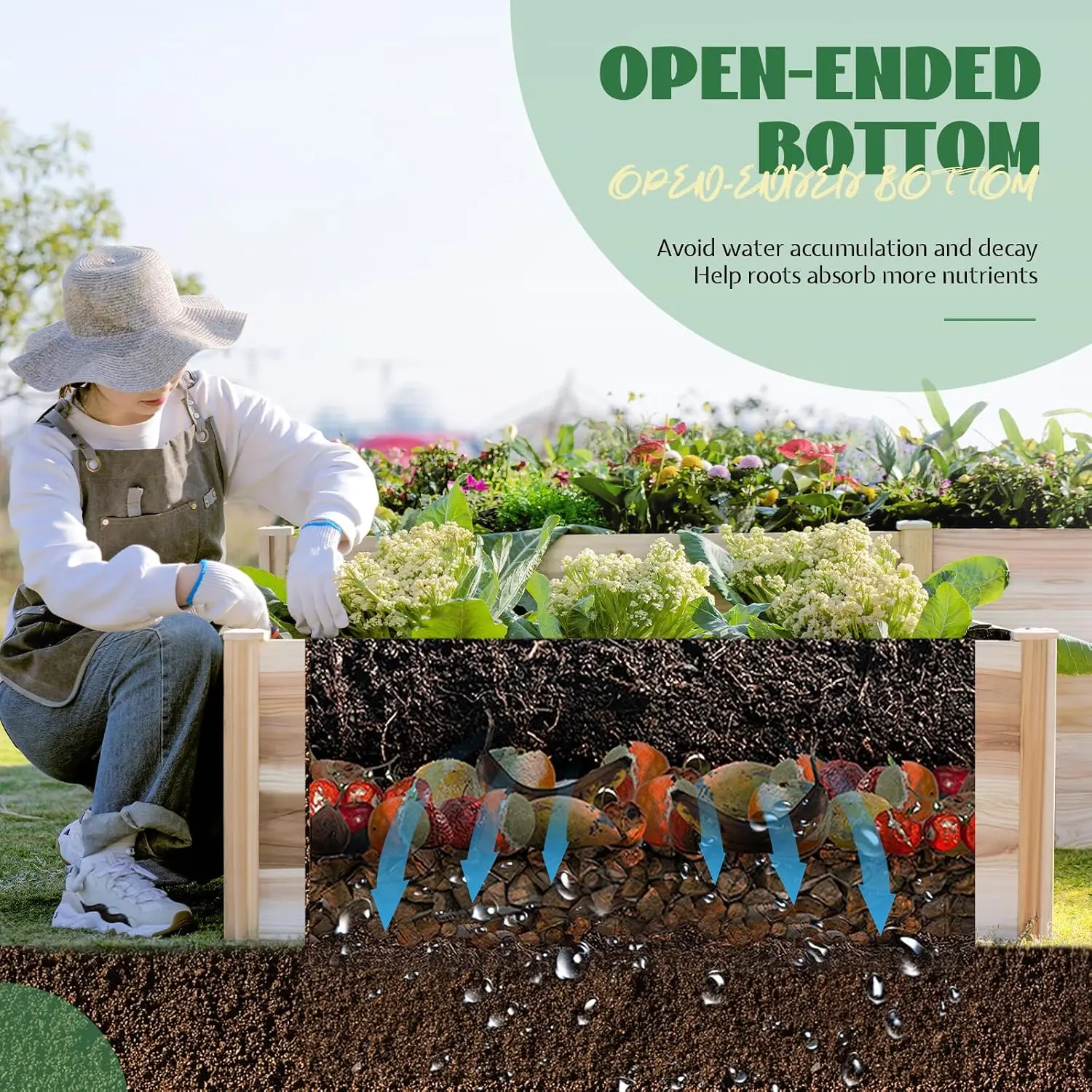 Raised Garden Bed Kit, Large Wooden Planter Box Gardening Workstation, Backyard Patio Lawn Deep Soil Container, H Shaped Vegetable Herb Flower Growing Bed, Modern Farmhouse Style, Natural Wood, Single Piece