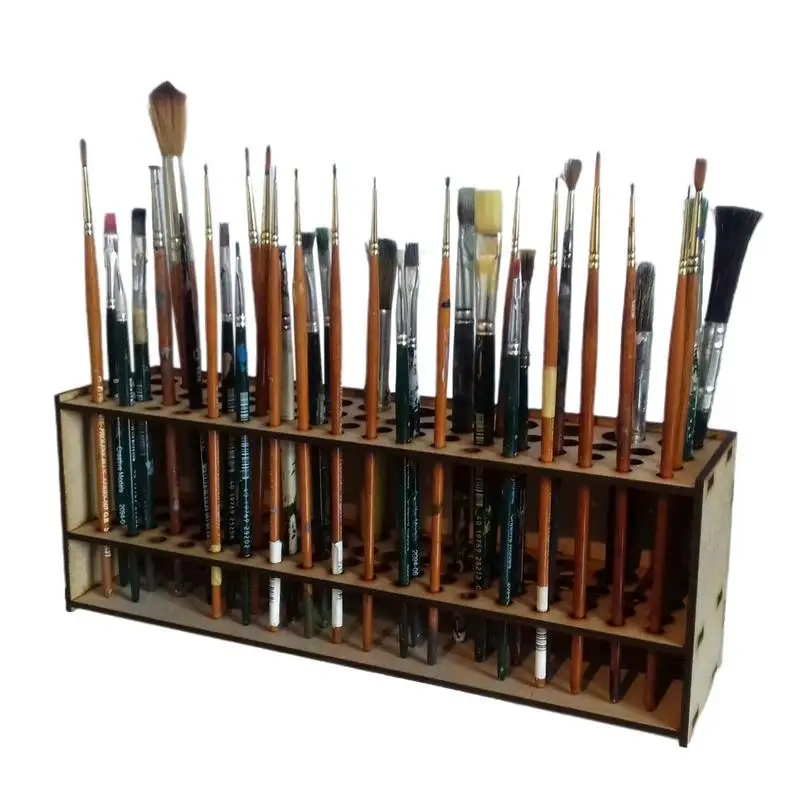 

Paint Brush Holder 67 Holes Wooden Paint Brush Tray Rack Desk Organizer Watercolor Brush Tray for Pencils Paint Brushes