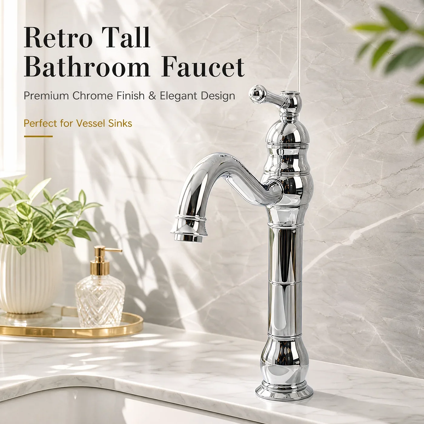 Retro Elevated Countertop Basin Faucet Single Hole Zinc Alloy Stainless Steel Bright Chrome Mirror Finish Kitchen Sink Faucet