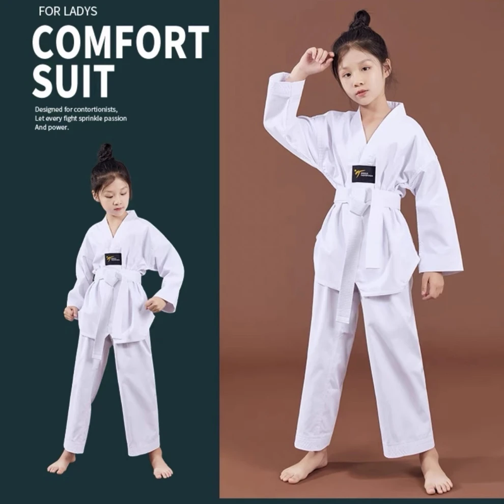 TKD Martial Arts Taekwondo Uniform Dobok V-Neck MMA Demonstration Team Gym School Long Sleeved For Kids Adult White Collar