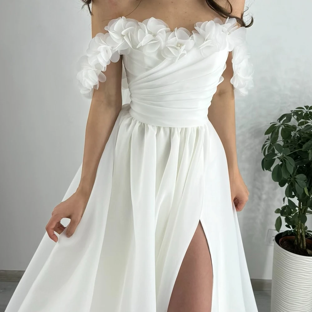 Customized Strapless Off Shoulder Sleeves Wedding Dresses A Line Lace Up Back Bridal Growns Front Slit Organza Vestido de novia