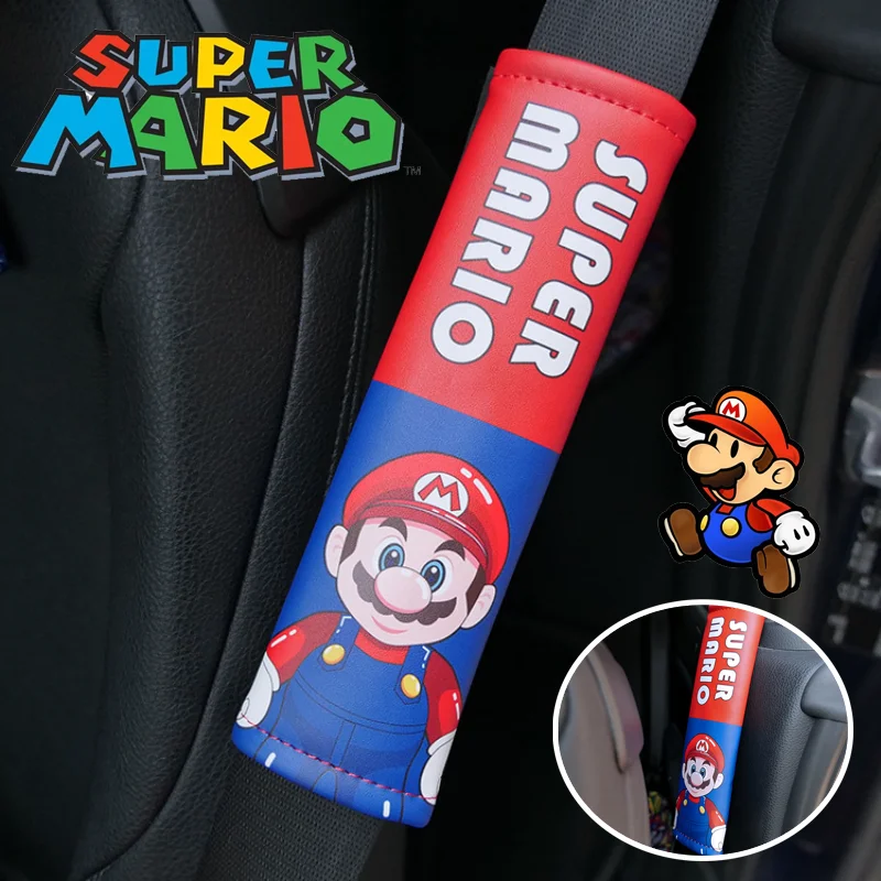 Super Mario Bros Car Seat Belt Cover Cartoon PU Leather Auto Seat Strap Shoulder Protective Pad Car Interior Accessories