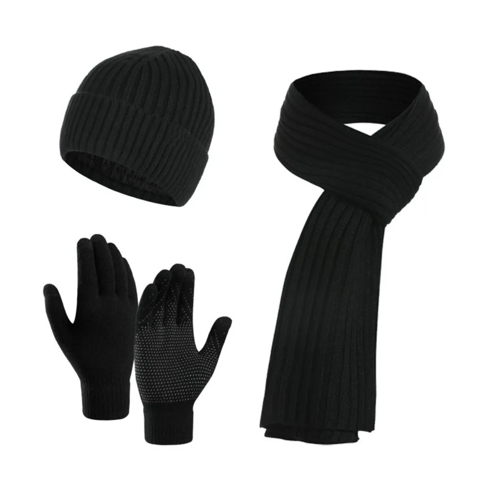 Soft Winter Keep Warm Set Knitted Thicken Beanie Gloves Scarf Solid Color Fleece Lining Unisex Hat Neckerchief for Men Women