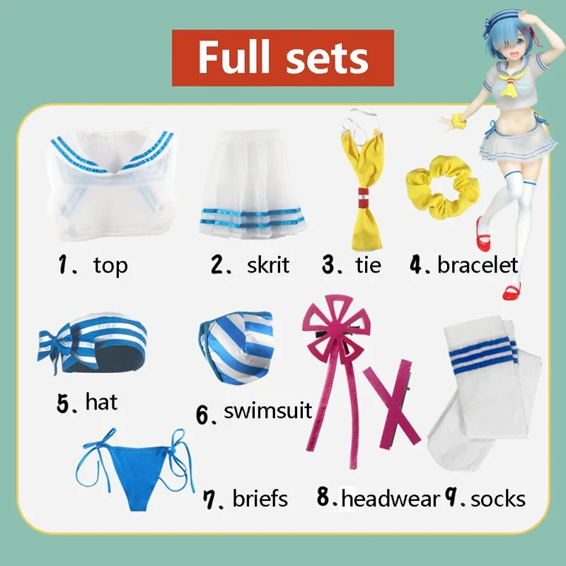 

Rem Anime Re Life in A Different World From Zero Ram Косплей Костюм Парик Летний купальник Горничная Костюм моряка4;v'5,f;6.j;8'