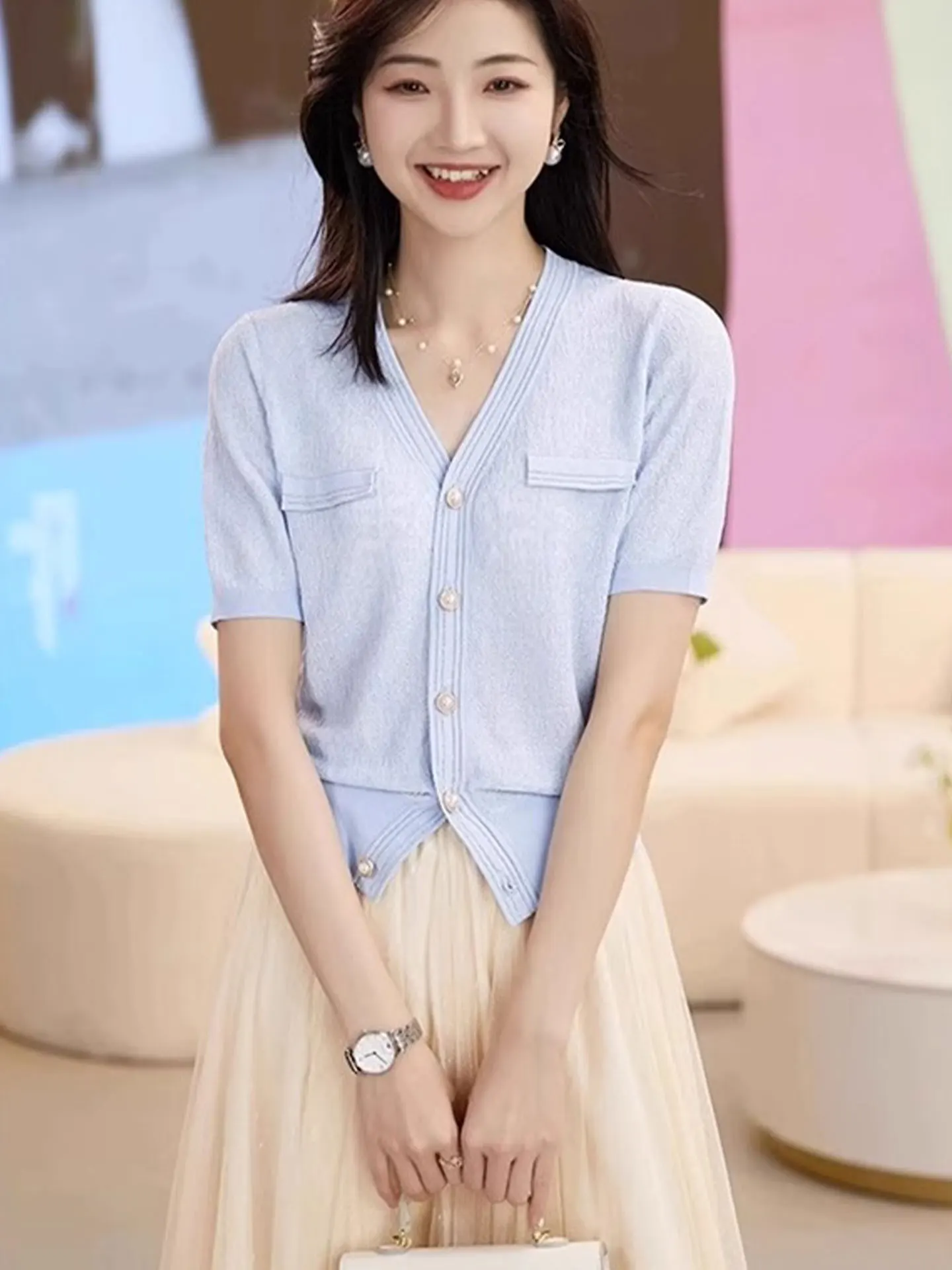 Haut tricoté en soie glacée pour femmes, bouton unique, Svel v-ne, superposition de base, irt coréen, coupe ample, été