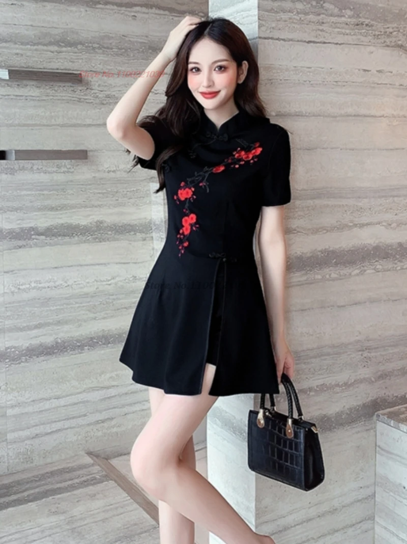 Платье для китайского ночного клуба 2025 года, улучшенное платье Ципао с цветочной вышивкой + шорты, восточное банкетное платье, отель, спа, униформа красоты