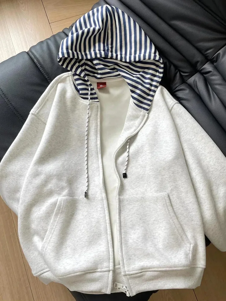 

Striped Patchwork Vintage Hoodies Women Loose Harajuku Long Sleeve Retro Sweatshirts Casual American Streetwear Pockets Bf Tops