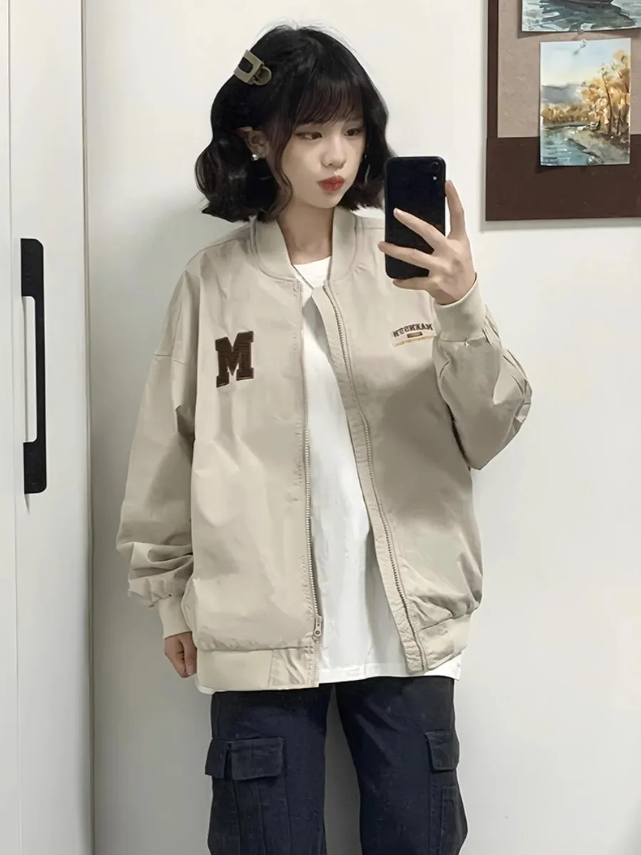 

Baseball Jackets Crop Womens Fall Bomber Casual Stand-Collar Ribbed Hem Embroidered Patches Varsity Letterman University College