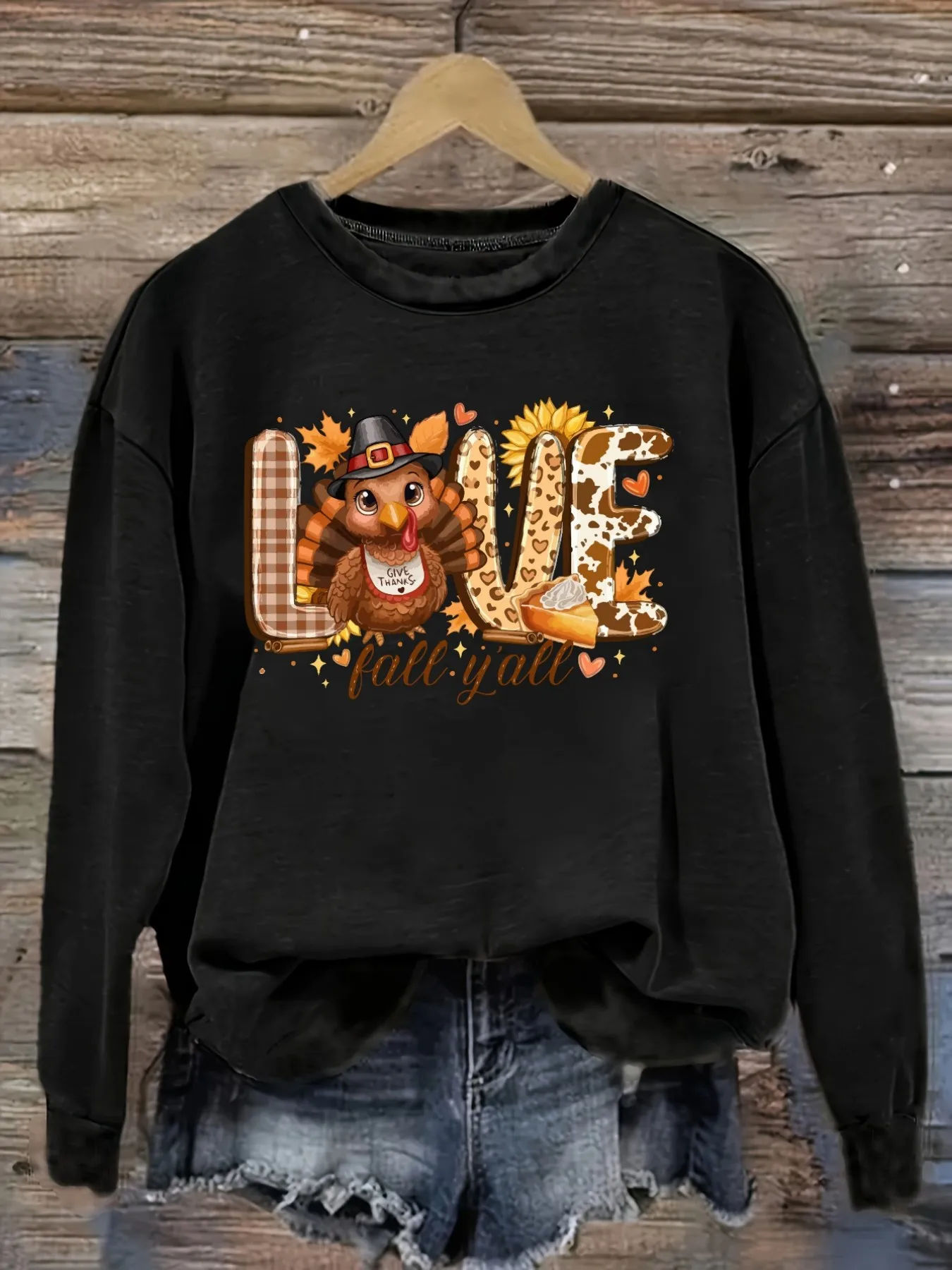 Women's Casual Long Sleeve Crew Neck T-Shirt Love Fall Yall Turkey Print Design, Round Neck Women's Clothing, Machine Washable, Slightly Elastic, Loose Fit, Spring Autumn Winter Women's T-Shirt, Halloween Costume Outfit