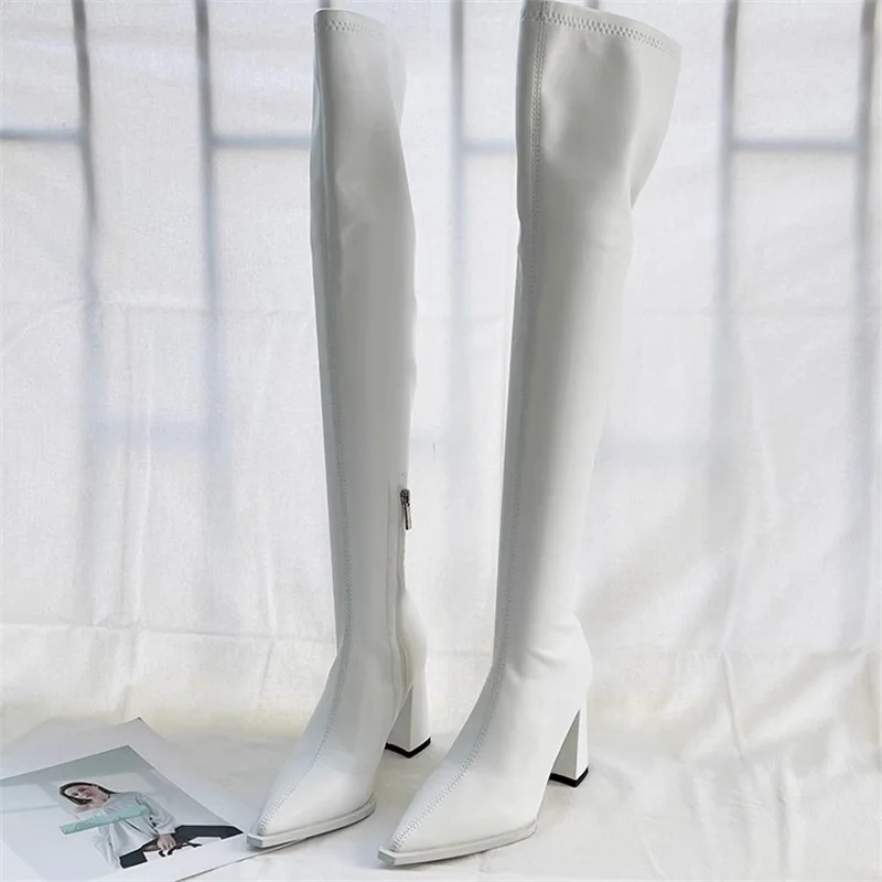 Long Pointy Over Knee Long Boots for Women 2024 Autumn/winter Leather Slim Leg High Sleeve Boots Chunky High Heel Knight Boots