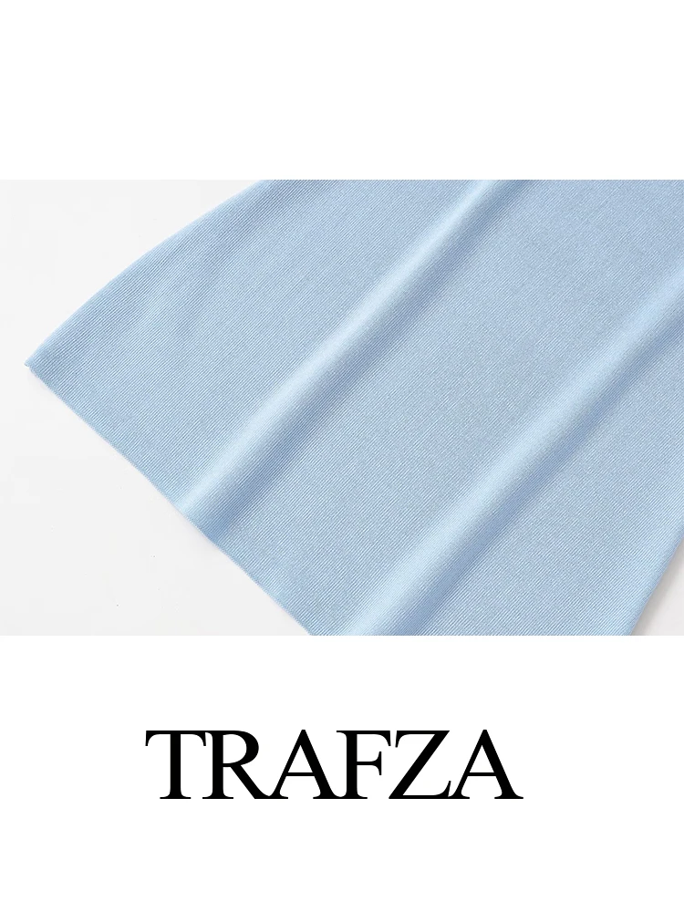 

TRAFZA Women 2 Piece Set Fashion Sleeveless Slim Strapless Tube Top+Elegant Elastic Waist Hollow Blue Knitted Wide-Leg Pants