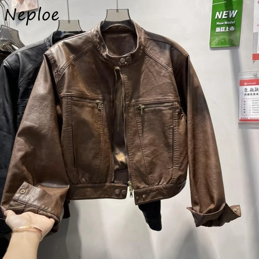 

Neploe Leather Vintage Hong Kong Style Loose Coat Small Fellow O Neck American Outwears Moto Trendy Hot Sell Personalized Jacket