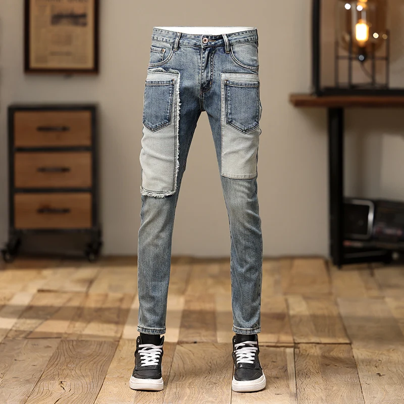 

Fashionable streetwear men's jeans retro gray blue elastic slim fit patchwork designer slit jeans men's multi pocket hip-hop pan