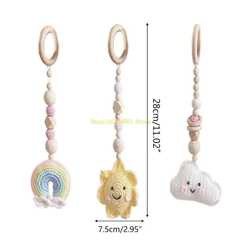 3 قطعة/المجموعة/مجموعة من المعلقات للأطفال في صالة الألعاب الرياضية من الكروشيه لسحابة الشمس وقوس قزح خشخيشات حلقة خشبية عضاضة #5