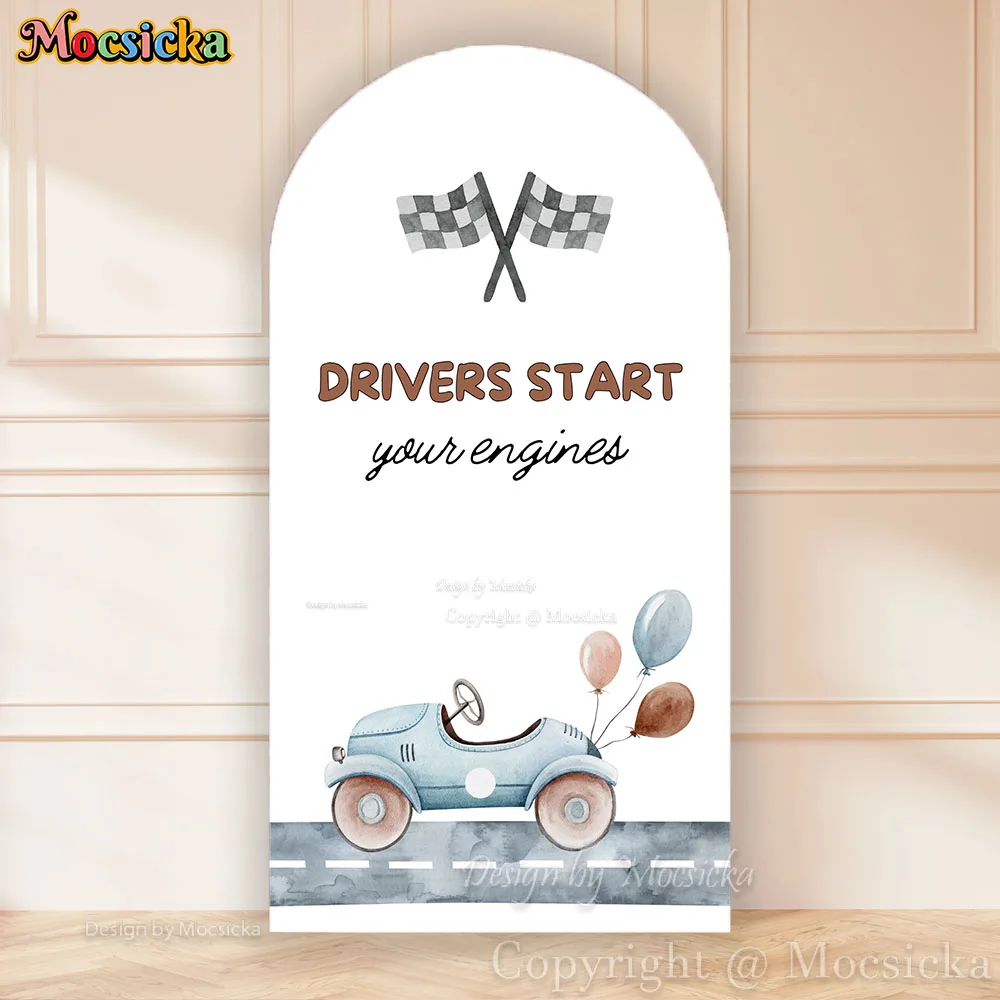 

Mocsicka Racing Baby Show Arch фон водители запускают ваши двигатели синий гоночный автомобиль флаг фон для новорожденных день рождения фото