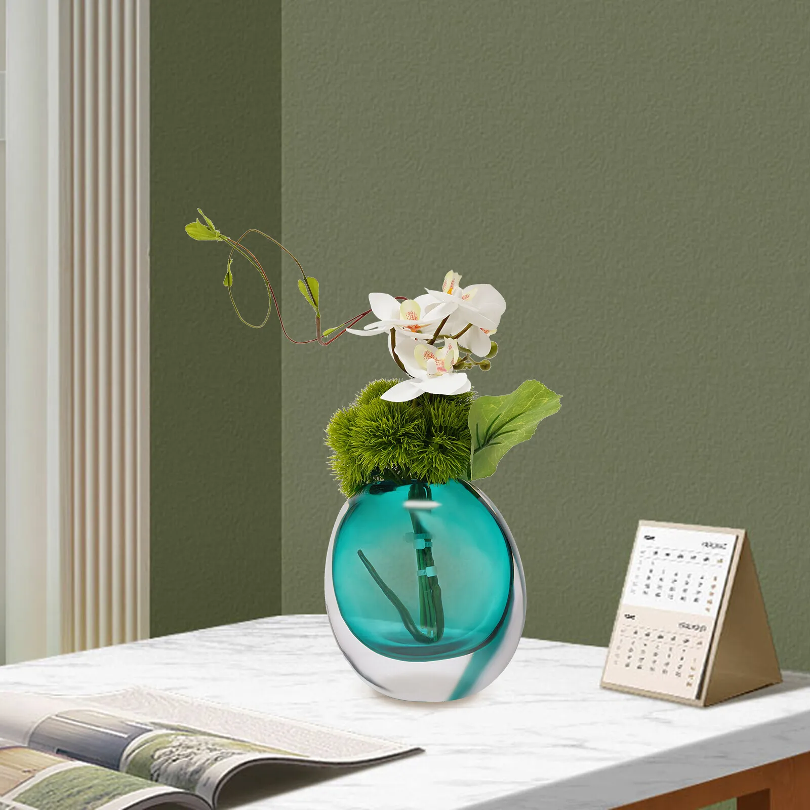 

Handmade Artificial Flower Arrangement, Blue Glaze Vase with Green Prickly Balls, Unique Gift for Housewarming Birthday Wedding