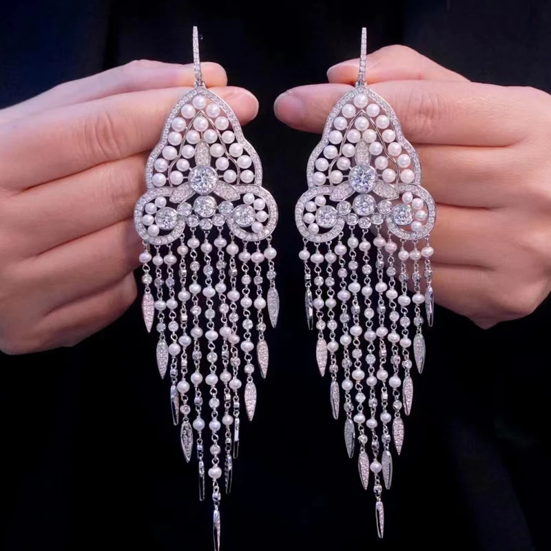 

Natural Fresh Water Pearl Tassel Necklace Earrings Jewelry Sets For Women Fine Female Gift Heavy Hand Work 925Sterling Silver