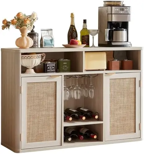 Rattan Wine Bar Cabinet with 2 Doors, Natural Wood | Boho Liquor Cabinet with Wine Racks & 2 Open Shelves & Rounded
