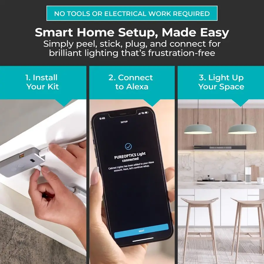 Funktioniert mit Alexa Smart Unterschrankbeleuchtungsset, verstellbare LEDs, 6 9 Balken, Weiß