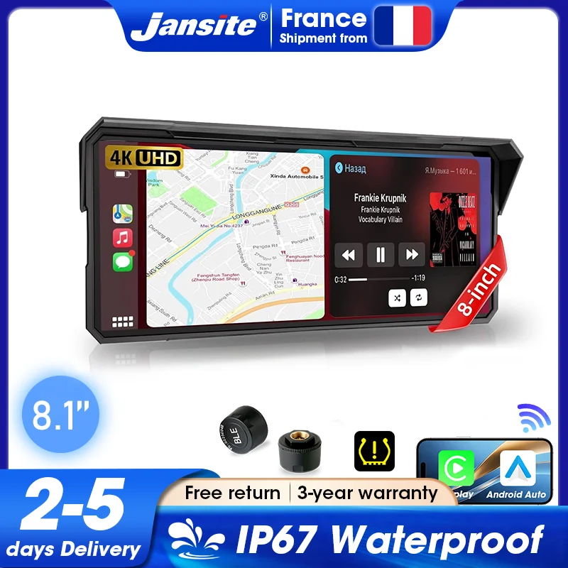 Jansite 6.86/8.1 inch Motorcycle CarPlay Android Auto IP67 Waterproof Portable Moto GPS Navigation Dashboard Screen Motobike Accessories