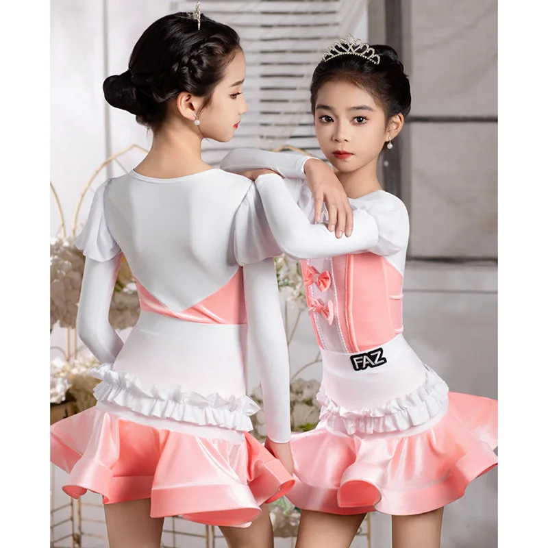 

Детский розово-белый бархатный костюм для танцев, боди с длинными рукавами и юбкой для девочек, для латиноамериканских танцев и тренировок