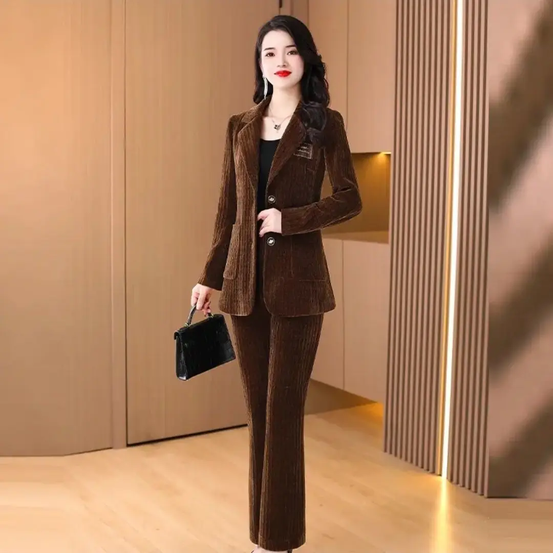 Frühling 2023 Neue Cord Elegante frauen Set Casual Jacke Blazer Breite Bein Hosen Zwei Stück Büro Manager Outfits