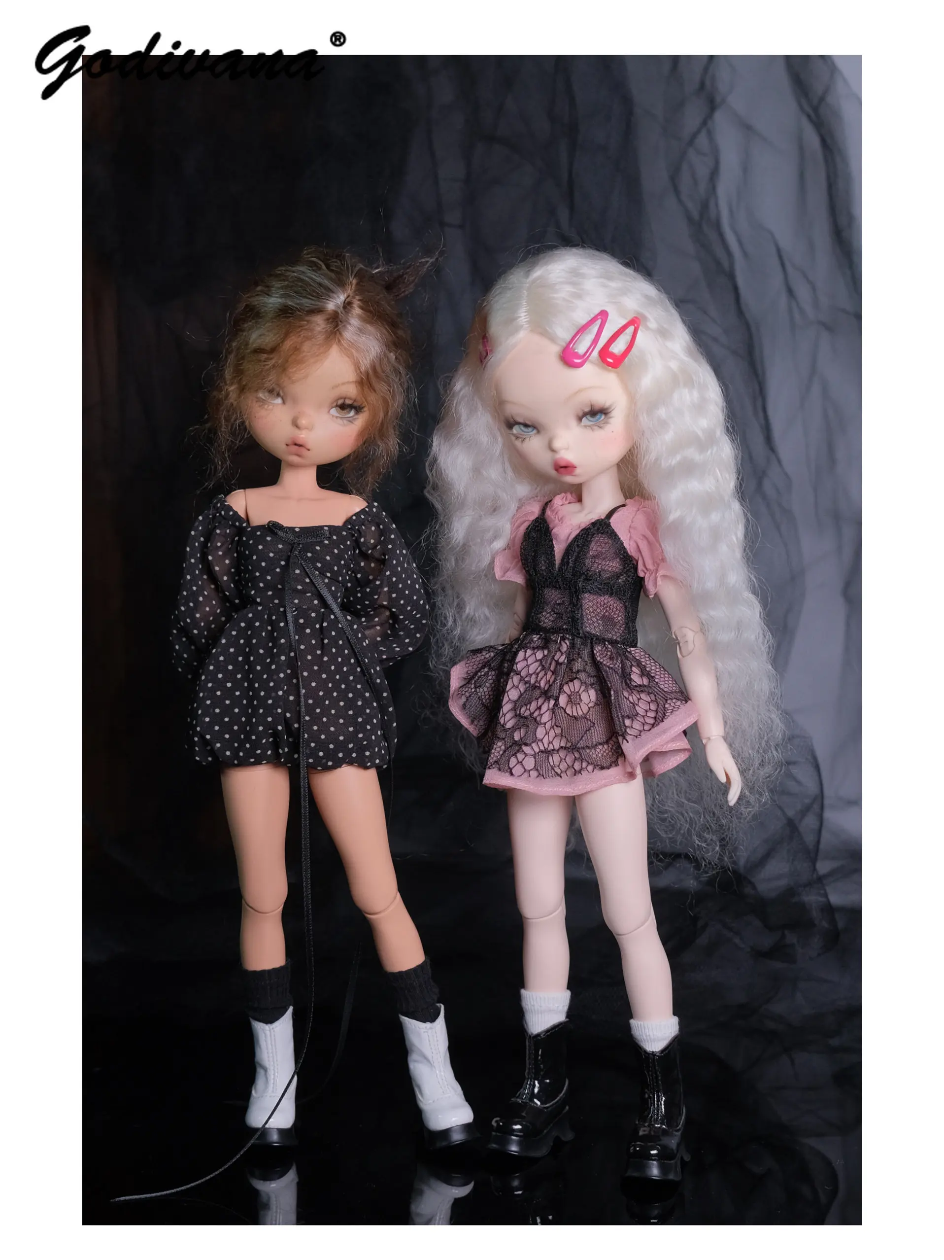 Ob24 BJD Doll Sweet Gothic Dress Puff Short‑sleeve Black Pink Lace Overlay Mini Fake Two-piece Dress Y2K Cute Doll Outfit