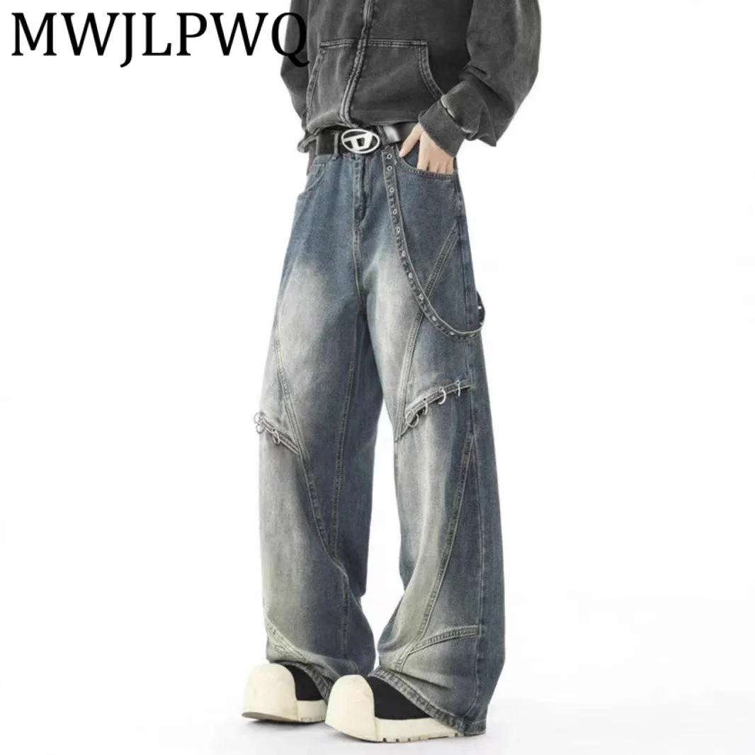 MWJLPWQ العصرية الشارع تقسم تصميم المنجل الجينز الرجال فضفاضة تناسب النمط الأمريكي مستقيم واسعة الساق السراويل فريدة من نوعها الخريف 11960