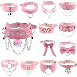 DIEZI Harajuku Bowknot Ball Heart Circel Rivet Flower Choker Necklace Torques Women Men Gothic Pink PU Leather Necklace Jewelry