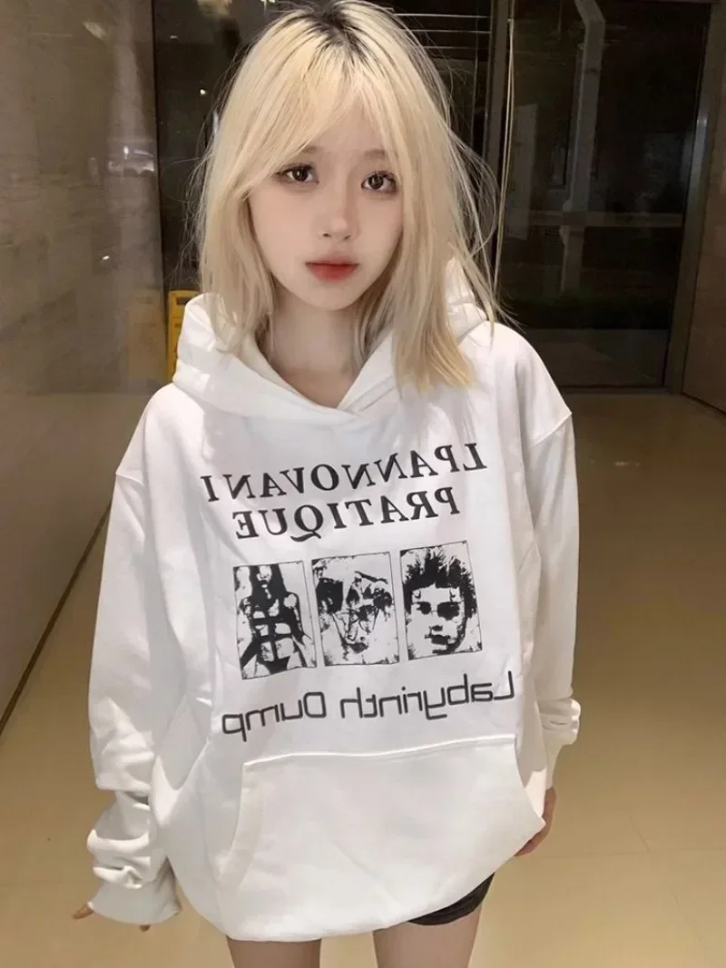 American Vintage Hiphop White Sweatshirt Hooded Sudadera Mujer Fleece Oversize Women High Street Chic Grunge Men Pullovers Tops