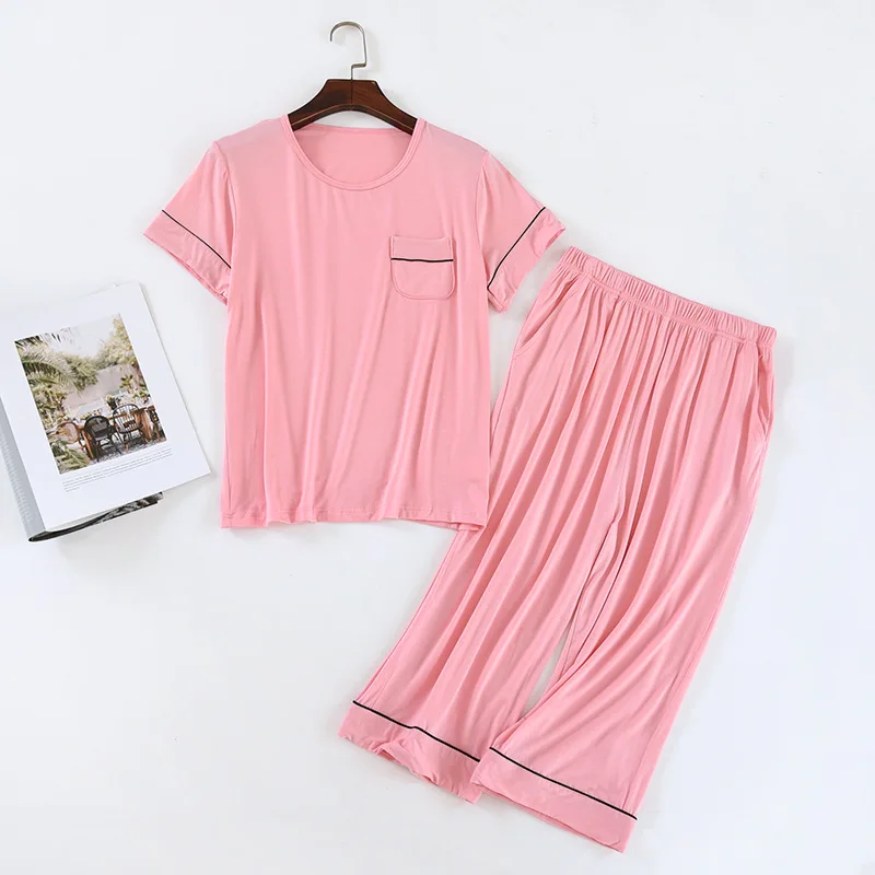 Simple New Pyjama Pour Femmes Modal Round-Neck Women's Pajamas Short Sleeved Capris Pant Suit Household Clothes Pijama Mujer