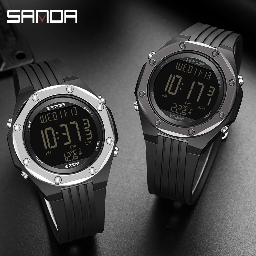 SANDA 6028 New Thermometer Environment Single Core Display Alloy Case Electronic Men\'s Watch Digital Watch 2024