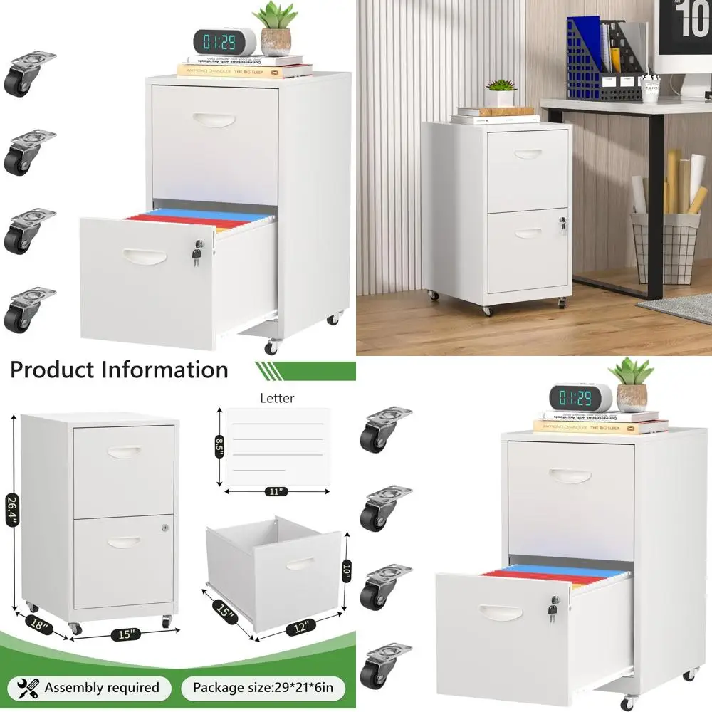 

Lockable 2-Drawer Mobile File Cabinet for Home Office, Letter/A4 Size, Black with Wheels, Assembly Needed