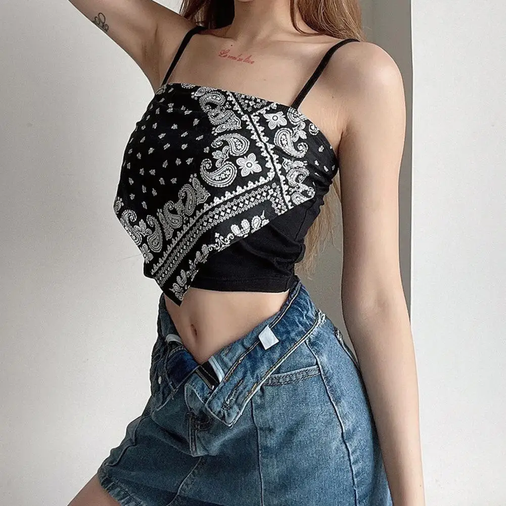 1Pc Summer Sling Vest Square Collar Retro Printing Camisole Sleeveless Slim Fit Tank Top Comfortable Women T-shirt Streetwear