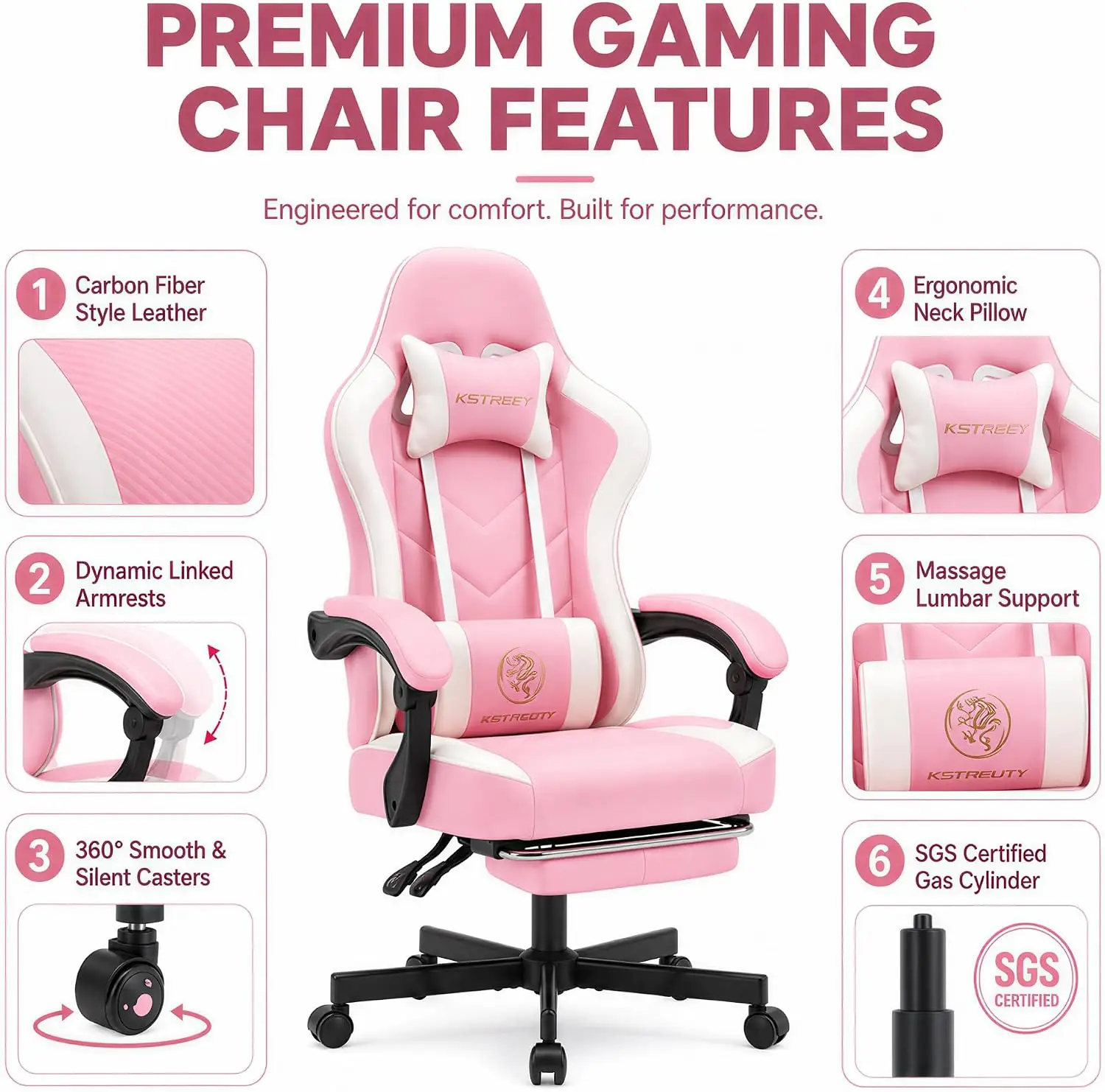 Ergonomic High Back Gaming Chair with Footrest, Lumbar Support, Pocket Spring Cushion, Swivel Office Desk Chair for Adults view 6
