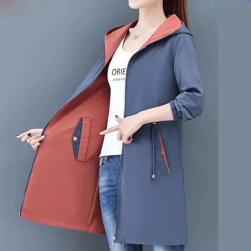 Chaqueta cortavientos con capucha para mujer, abrigo básico informal de dos lados, gabardina de longitud media, prendas de vestir B20, novedad de otoño, 2024